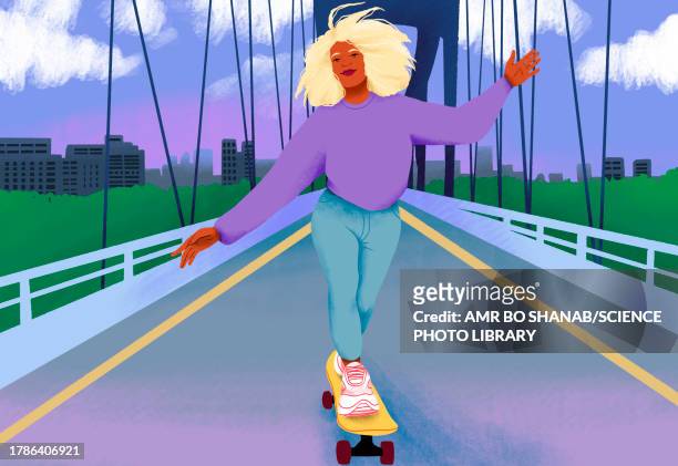 woman on skateboard riding across a bridge, illustration - skateboard stock illustrations
