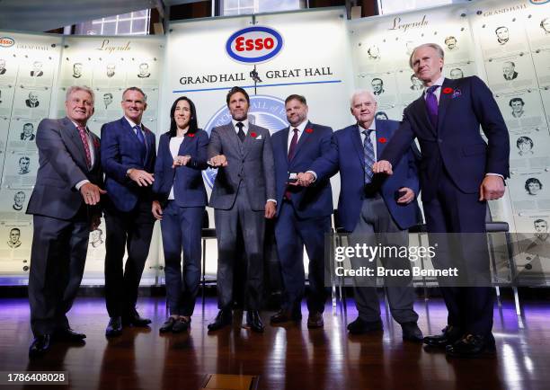 Mike Vernon, Pierre Turgeon, Caroline Ouellette, Henrik Lundqvist, Eric Lacroix , Ken Hitchcock and Tom Barrasso pose for a photo opportunity...