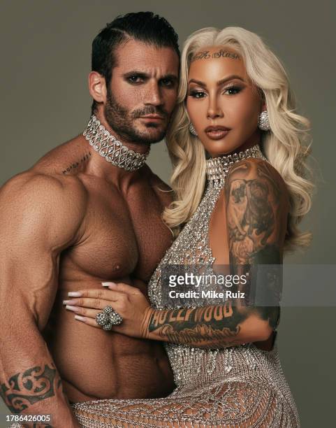 Media personality, model and artist Amber Rose is photographed with model Julián Arroyuelo for Photobook Magazine on October 17, 2023 in Los Angeles,...