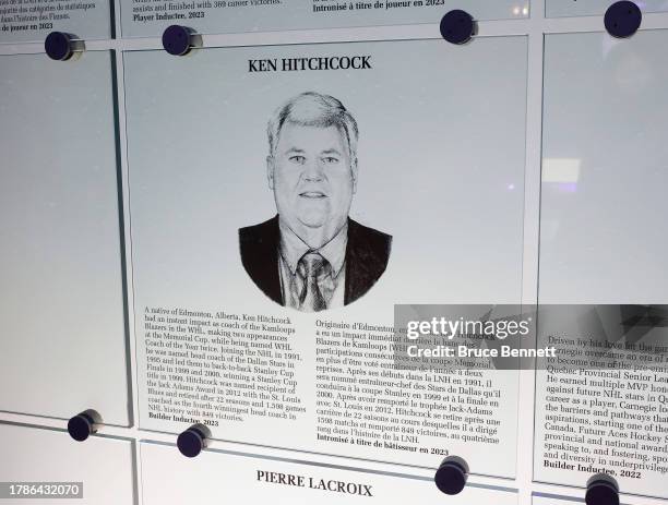 View of the 2023 Hockey Hall of Fame induction plaque for Ken Hitchcock at the Hockey Hall Of Fame on November 10, 2023 in Toronto, Ontario, Canada.