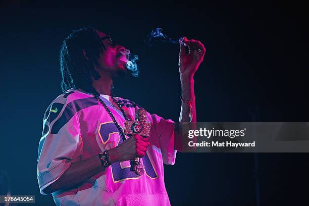 Snoop Lion smokes a joint on stage at Showbox Sodo on August 29, 2013 in Seattle, Washington.