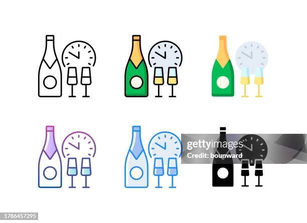 champagne time icon. 6 different styles. editable stroke. - opening wine bottle stock illustrations