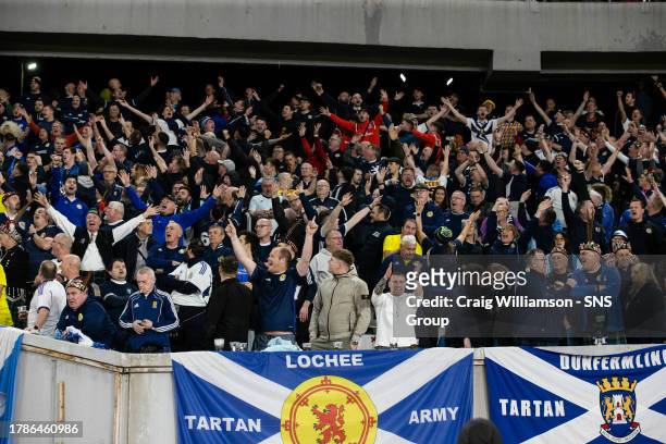 Scotland fans celebrate at full time during a UEFA Euro 2024 Qualifier between Georgia and Scotland at the Boris Paichadze Dinamo Arena, on November...