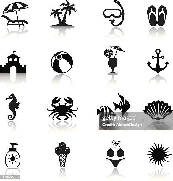 ilustrações, clipart, desenhos animados e ícones de conjunto de ícones de praia - caranguejo