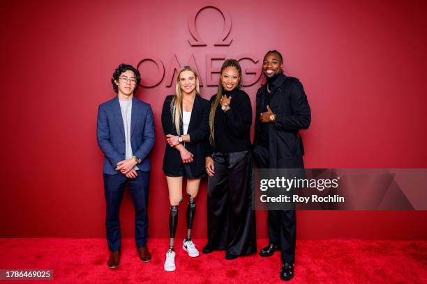 Nathan Chen, Oksana Másters, Allyson Felix and Noah Lyles attend the OMEGA panel discussion with Olympic ambassadors at The Planet OMEGA exhibition...