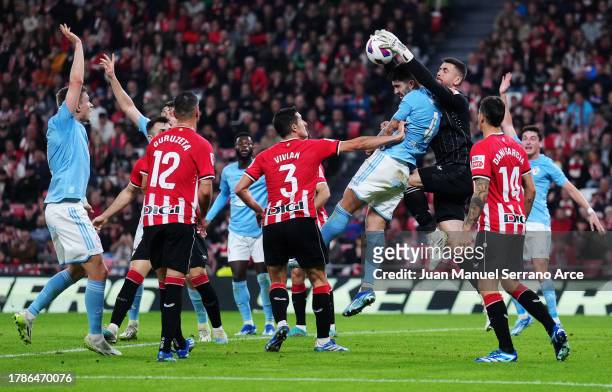 Unai Simon of Athletic Club clashes in side the box with Unai Nunez of Celta Vigo resulting in a penalty being awarded to Celta Vigo during the...