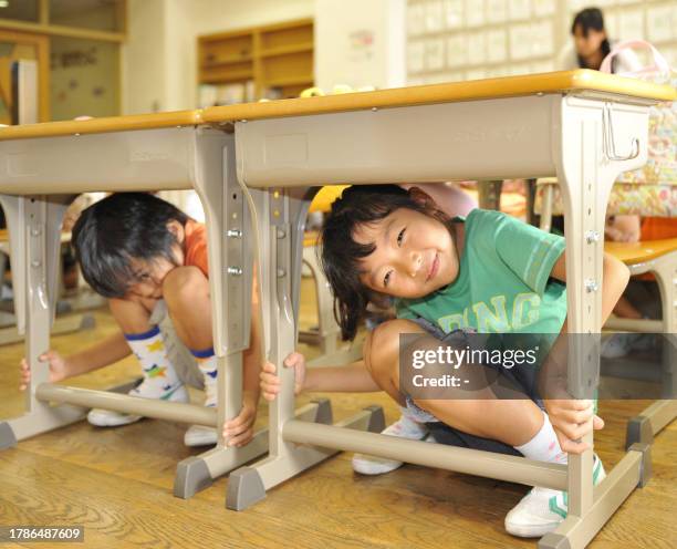 Elementary school children crouch under their desks as part of a nationwide earthquake drill at a Tokyo elementary school on September 1, 2008. Some...