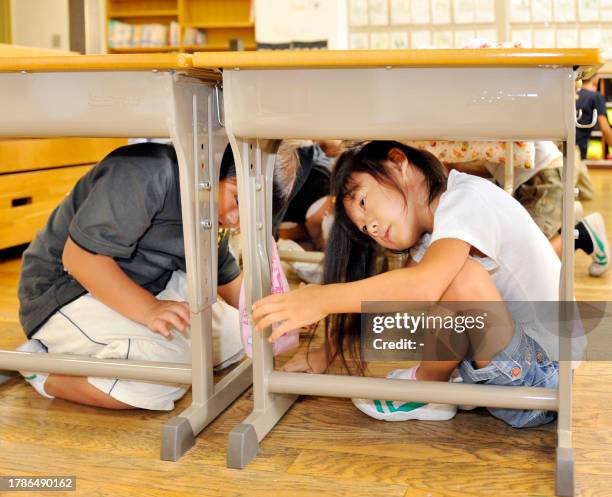 Elementary school children crouch under their desks as part of a nationwide earthquake drill at a Tokyo elementary school on September 1, 2008. Some...