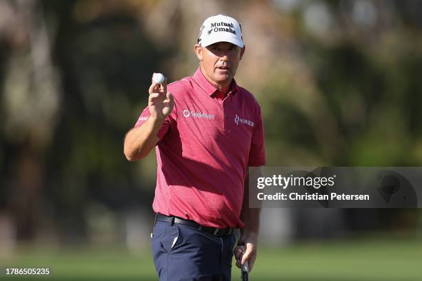 Padraig Harrington of Ireland reacts to a par putt on the 18th green following the second round of the Charles Schwab Cup Championship at Phoenix...