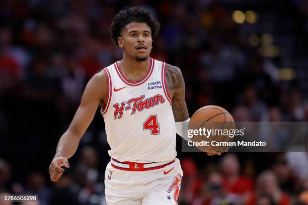 Jalen Green of the Houston Rockets in action against the Los Angeles Lakers during the second half at Toyota Center on November 08, 2023 in Houston,...