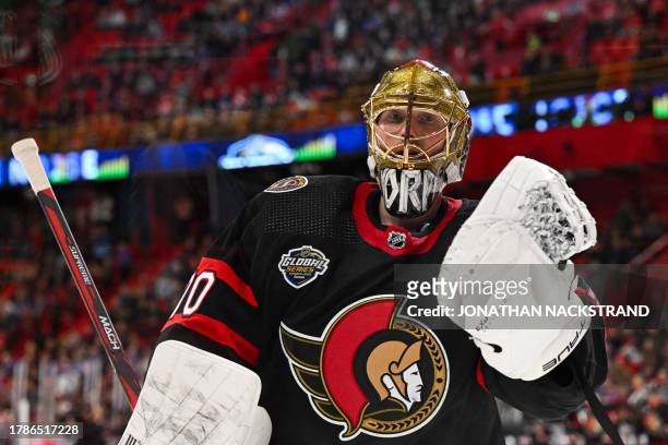 Ottawa Senators' goalkeeper Joonas Korpisalo reacts during the Detroit Red Wings and Ottawa Senateurs ice hockey match of the NHL Global Series 2023...