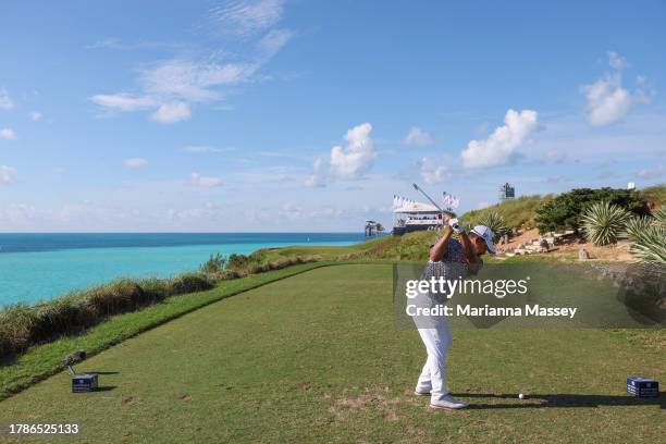 Fabian Gomez of Argentina hits a tee shot on the 16th hole during the second round of the Butterfield Bermuda Championship at Port Royal Golf Course...