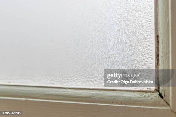 condensation drops on a bathroom window - luchtvochtigheid stockfoto's en -beelden