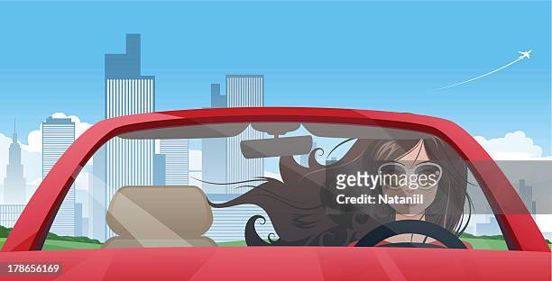 illustrazioni stock, clip art, cartoni animati e icone di tendenza di ragazza driver - auto convertibile