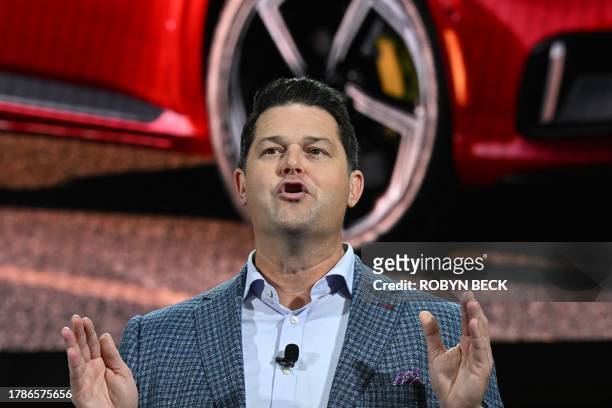 Kia America Vice President, Sales Operations Eric Watson speaks during the Kia press conference at Automobility LA, the media preview day for the LA...