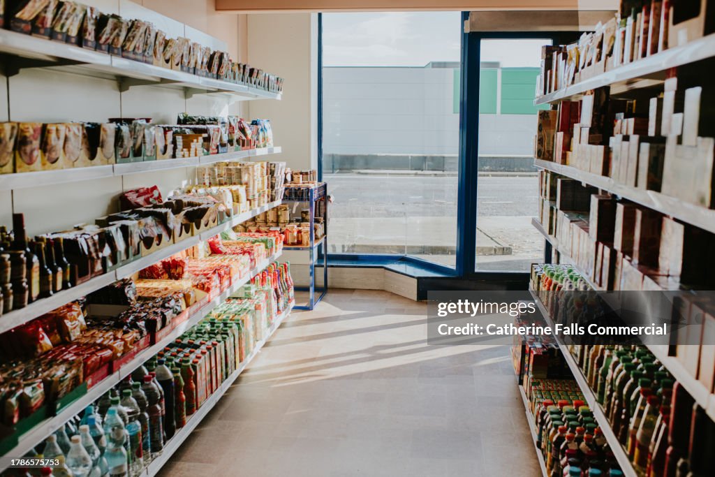 The aisle of a small grocery store