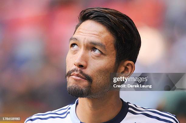 Jun Marques Davidson of the Vancouver Whitecaps in action during warm-ups prior to an MLS match against the Los Angeles Galaxy at B.C. Place on...