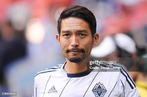 Jun Marques Davidson of the Vancouver Whitecaps in action during warm-ups prior to an MLS match against the Los Angeles Galaxy at B.C. Place on...