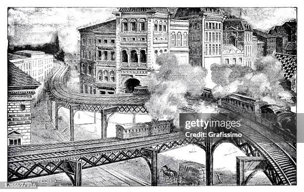 stockillustraties, clipart, cartoons en iconen met elevated railway in new york city 1893 - machinist