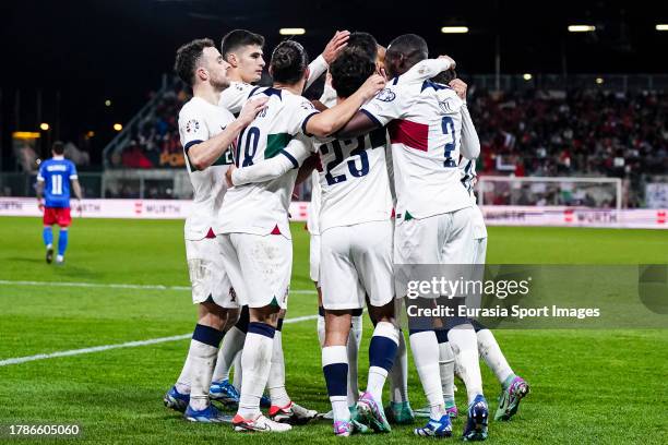 Gonçalo Ramos of Portugal celebrates a score that has had disallowed by VAR during the UEFA EURO 2024 European qualifier match between Liechtenstein...