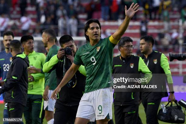 Bolivia's forward Marcelo Martins waves at the end of the 2026 FIFA World Cup South American qualifiers football match between Bolivia and Peru at...