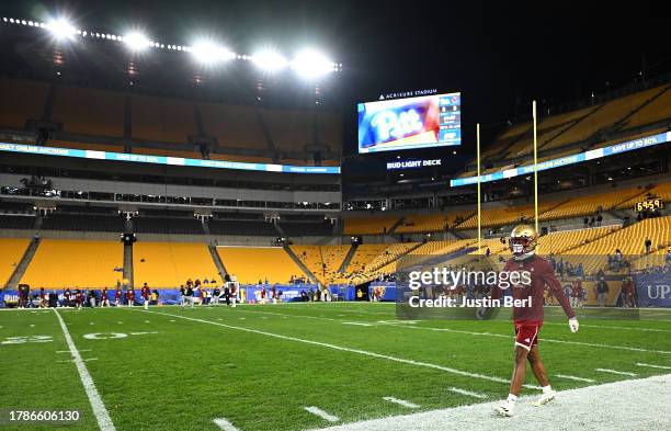 Dino Tomlin of the Boston College Eagles warms up before the game against the Pittsburgh Panthers at Acrisure Stadium on November 16, 2023 in...