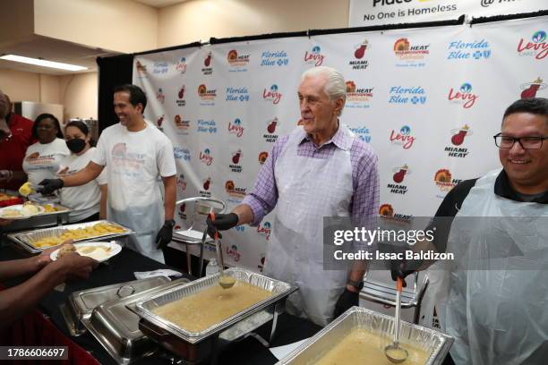 Pat Riley of the Miami Heat participates in a Thanksgiving Celebration at Miami Rescue Mission on November 15, 2023. NOTE TO USER: User expressly...