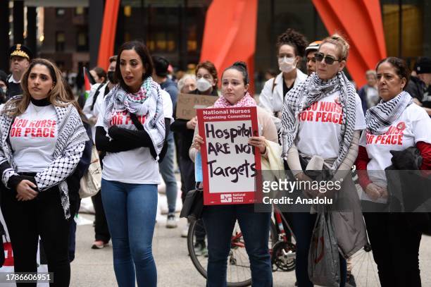 Pro-Palestinian demonstrators from healthcare workers gather to demonstrate against Israeli airstrike on hospitals in front of Federal Plaza in...