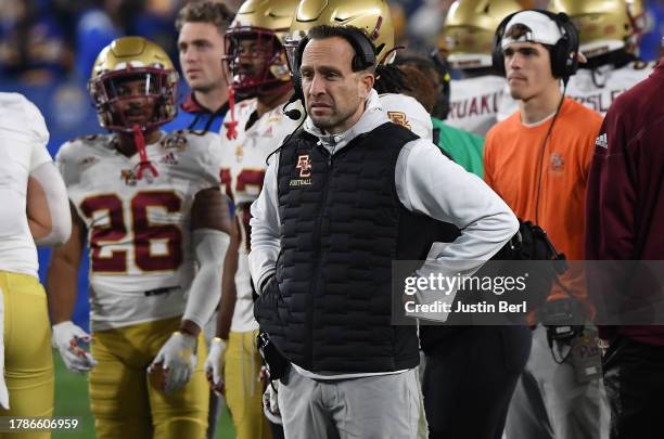 Head coach Jeff Hafley of the Boston College Eagles watches a reply on the video board in the first half during the game against the Pittsburgh...