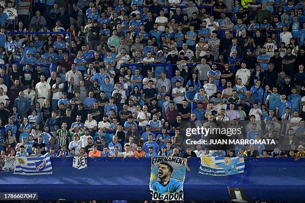 Fans of Uruguay are pictured during the 2026 FIFA World Cup South American qualification football match between Argentina and Uruguay at La Bombonera...
