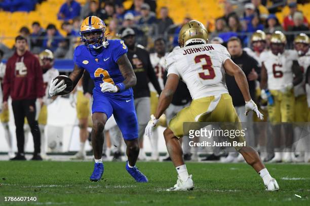 Daejon Reynolds of the Pittsburgh Panthers runs upfield after a catch in the first half during the game against the Boston College Eagles at Acrisure...