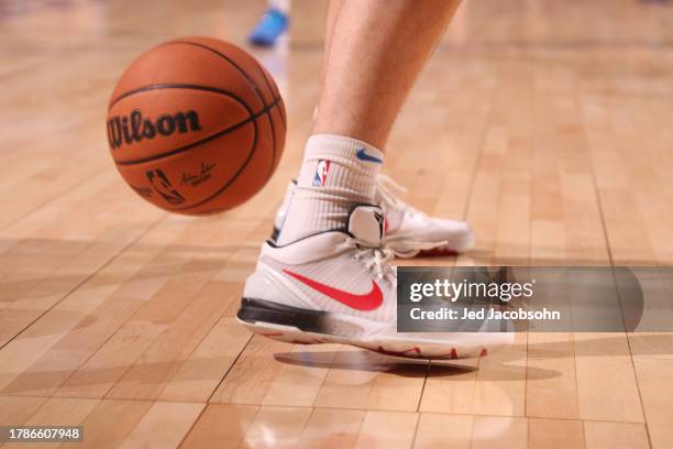 The sneakers worn by Josh Giddey of the Oklahoma City Thunder against the Golden State Warriors on November 16, 2023 at Chase Center in San...
