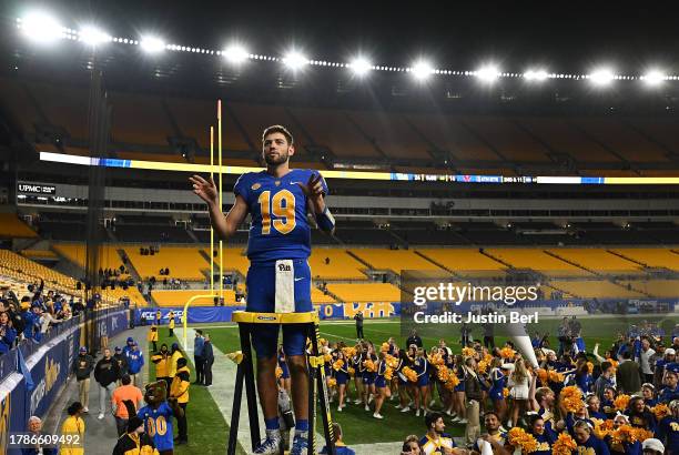 Nate Yarnell of the Pittsburgh Panthers conducts the Pitt Band following a 24-16 win over the Boston College Eagles at Acrisure Stadium on November...