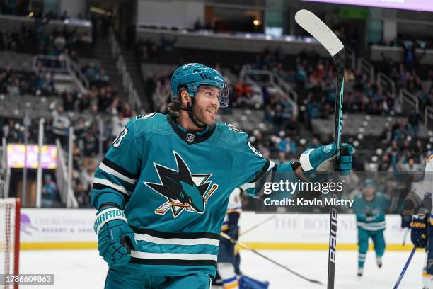 Mike Hoffman of the San Jose Sharks celebrate scoring a goal against the St. Louis Blues at SAP Center on November 16, 2023 in San Jose, California.