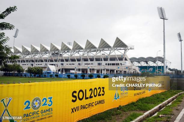 Photo taken on November 11, 2023 shows the modern 10,000-seater sports arena built by China, which will host the upcoming 2023 Pacific Games, in...