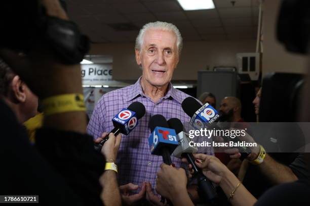 Pat Riley of the Miami Heat participates in a Thanksgiving Celebration at Miami Rescue Mission on November 15, 2023. NOTE TO USER: User expressly...
