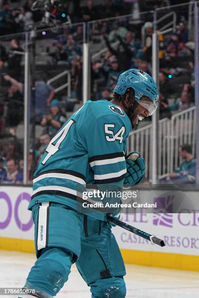 November 16: Givani Smith of the San Jose Sharks celebrating a goal against the St. Louis Blues at SAP Center on November 16, 2023 in San Jose,...