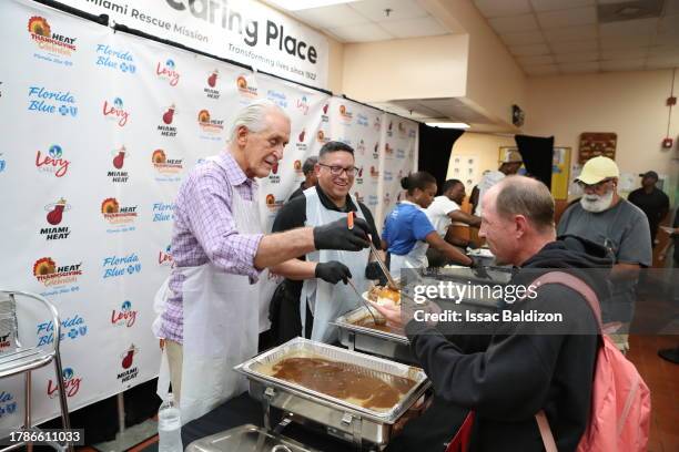 Pat Riley of the Miami Heat participates in a Thanksgiving Celebration at Miami Rescue Mission on November 15, 2023. NOTE TO USER: User expressly...