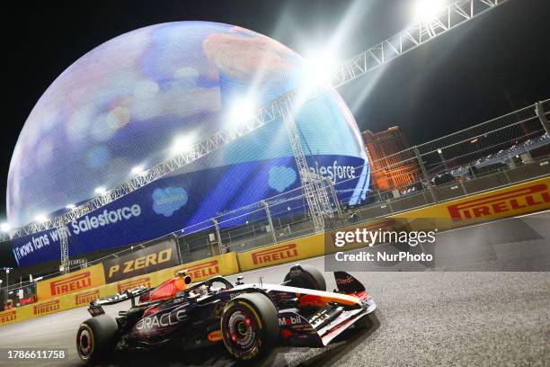Sergio Perez of Red Bull Racing during first practice ahead of the Formula 1 Las Vegas Grand Prix at Las Vegas Strip Circuit in Las Vegas, United...