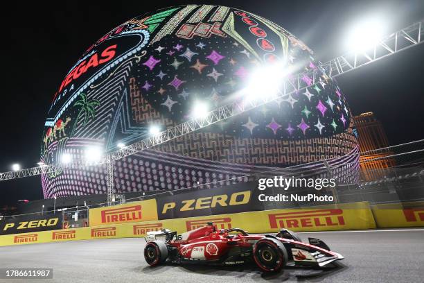 Charles Leclerc of Ferrari during first practice ahead of the Formula 1 Las Vegas Grand Prix at Las Vegas Strip Circuit in Las Vegas, United States...