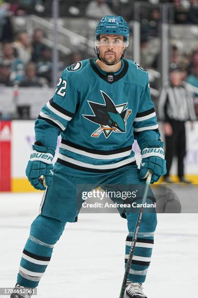 November 16: Ryan Carpenter of the San Jose Sharks skating during the game against the St. Louis Blues at SAP Center on November 16, 2023 in San...