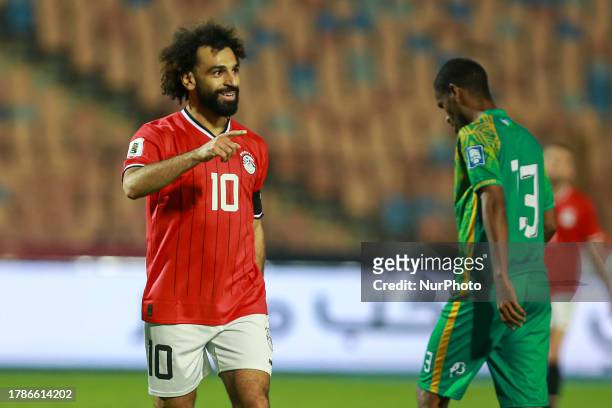 Mohamed Salah of Egypt is celebrating after scoring a goal during the Soccer Football - World Cup - CAF Qualifiers - Group A match between Egypt and...