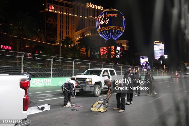 Drain cover is repairing before practice ahead of the Formula 1 Las Vegas Grand Prix at Las Vegas Strip Circuit in Las Vegas, United States on...