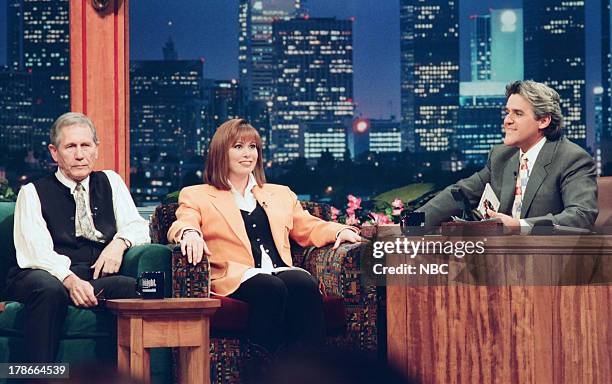 Episode 557 -- Pictured: Musical guests Chet Atkins, Suzy Bogguss during an interview with host Jay Leno on October 18, 1994 --