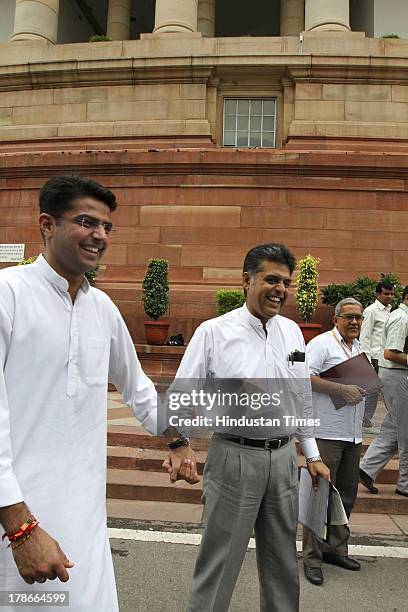 Sachin Pilot Union Minister for Corporate affairs with Manish Tewari Union Minister for Information and Broadcasting at Parliament House during the...