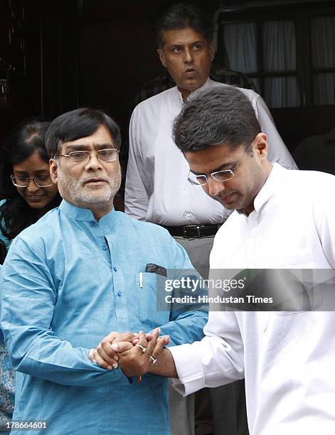 Sachin Pilot Union Minister for Corporate affairs with RJD Leader Ram Kirpal and Manish Tewari Union Minister for Information and Broadcasting at...