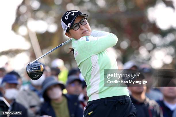 Sakura Yokomine of Japan hits her tee shot on the 1st hole during the final round of Yamaguchi Shunan Ladies Cup at Shunan Country Club on November...