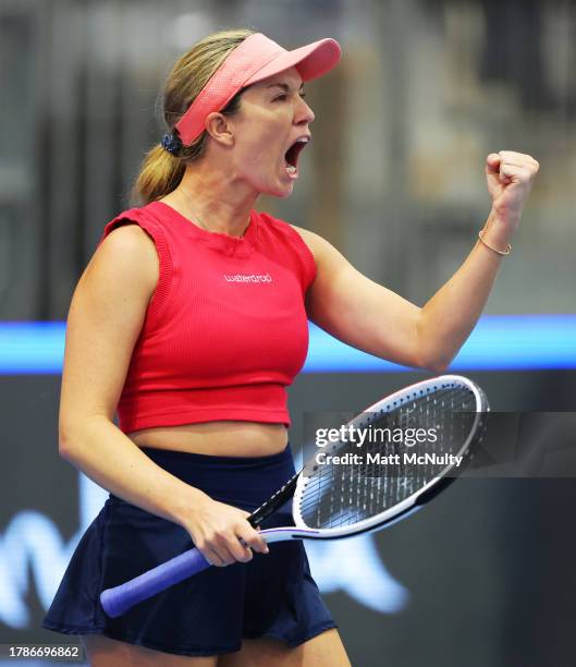 Danielle Collins of Team USA celebrates after winning the first set during the Billie Jean King Cup Finals group stage match between Czech Republic...