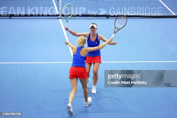 Barbora Krejcikova and Katerina Siniakova of Team Czechia celebrate after winning match point during the Billie Jean King Cup Finals group stage...