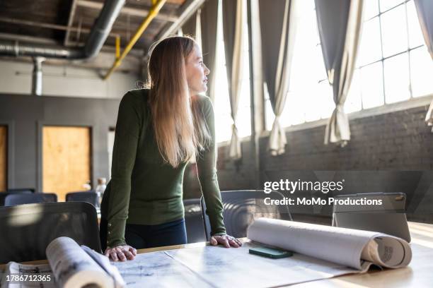 female architect looking over plans in small business office - documentary stock pictures, royalty-free photos & images